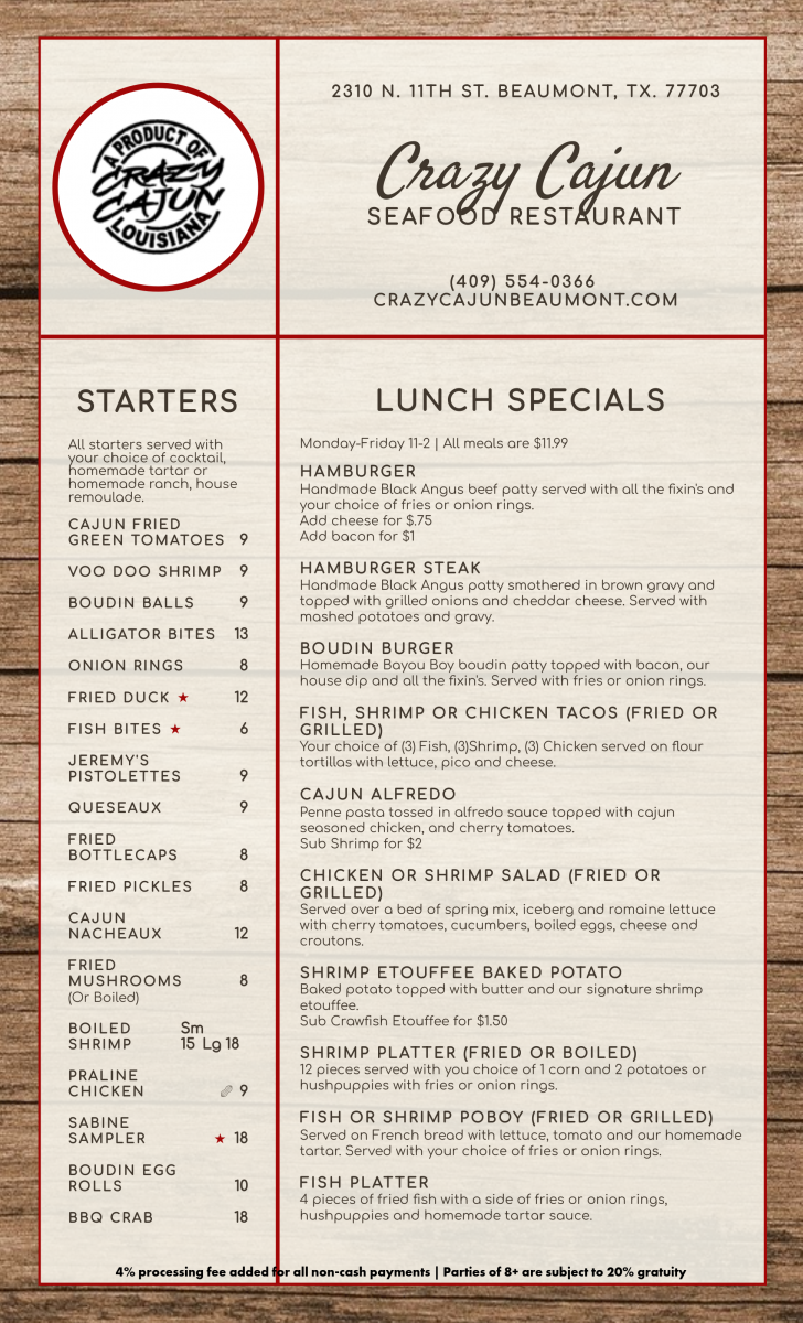 Crazy Cajun Menu - Beaumont, Texas Seafood Restaurant